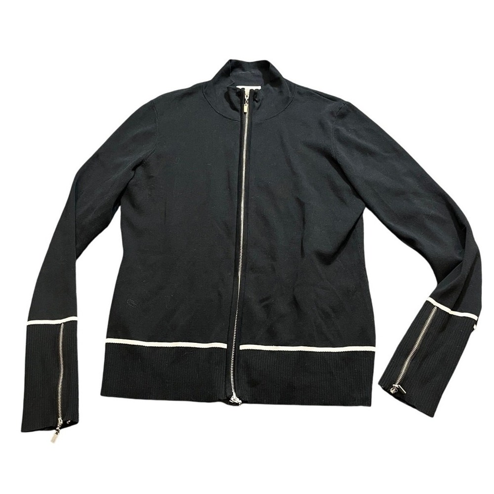 Kinross Zip Up Sweater M Black White Contrast Trim Moto Cuff Cotton Jacket